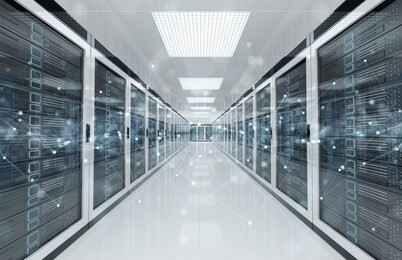 connection network in white servers data center room storage systems 3d rendering