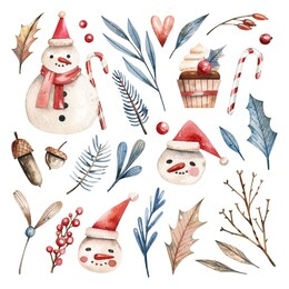 watercolor set of christmas songs and natural elements. snowmen, winter berries, leaves and branches of spruce. christmas hand-drawn illustrations.