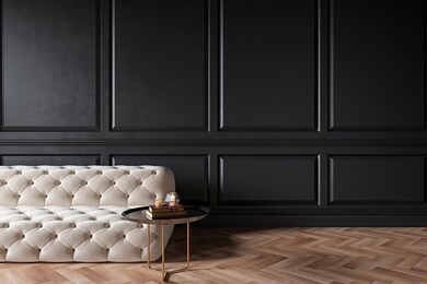 modern classic black interior with capitone chester sofa, coffee table, wood floor, mouldings. 3d render interior mock up.