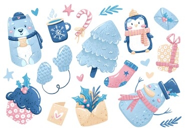 winter set of elements and stickers for holidays and christmas day