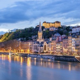 view of river saone at night, lyon, france