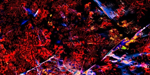 hand snowflake. multicolored snow transparent effect. bright sky snowflake. spruce pattern. snowflake fabric. neon drawing.