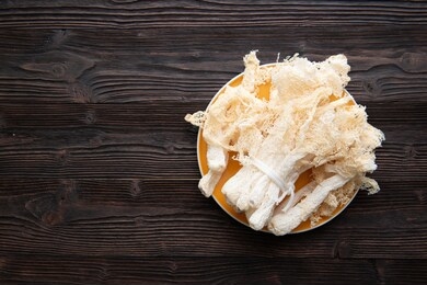 dried tropical stinkhorn mushroom, phallus indusiatus , bamboo mushroom in plate