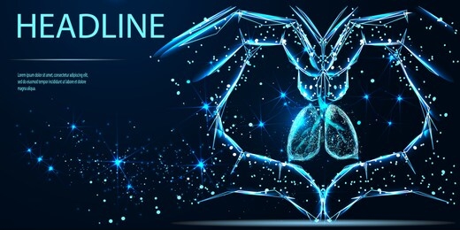 hands showing heart symbol and human lungs. vector low poly wireframe. futuristic medicine research therapy health analysis laboratory illustration. headline