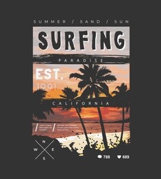 surfing slogan on sunset and palm trees silhouette illustration