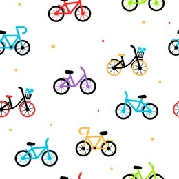 vector seamless pattern with different color city bicycle on white background. illustration with three type of bike. line art flat style design of bicycle for web, site, banner, poster, greeting card