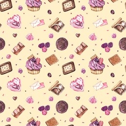 watercolor image of a seamless pattern of sweets, candies in the shape of hearts, chocolates, cakes and envelope, valentine's day. perfect for cards, prints, invitations, birthday cards.