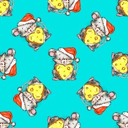 vector merry christmas hand drawn funny happy mice seamless pattern.  mouse and 
cheese for stickers collection, congratulation cards, prints. - vector