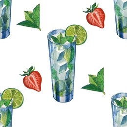 watercolor seamless pattern with drinks party. hand drawn illustration