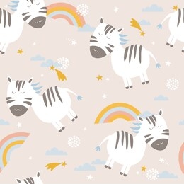 colorful seamless pattern with zebras, rainbow, stars. decorative cute wallpaper, good for printing. overlapping colored background vector. design illustration with animals, sky