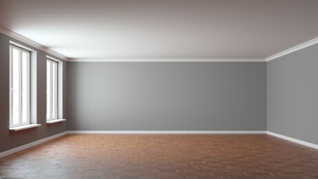 3d rendering empty interior with grey wall and parquet floor