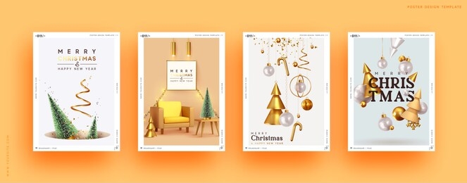 set of christmas and new year holiday gift cards. xmas banners, web poster, flyers and brochures, greeting cards, group bright covers. design with realistic christmas decoration objects.