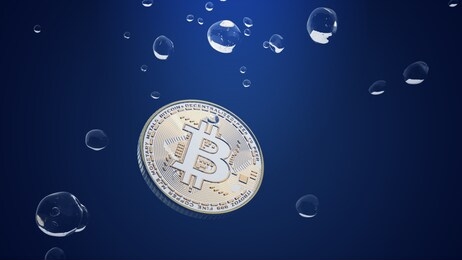 bitcoin coin drop in the deep water, bitcoin falling apart, decline and fall cryptocurrency concept. 3d illustration