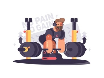 strong man athlete does deadlift in gym. flat illustration