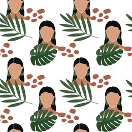 abstract women's silhouette minimalist line and tropical palm leaves. aesthetic contour. the seamless patterns are absolutely perfect for packaging, textiles or tissue paper, cover, fabric. 