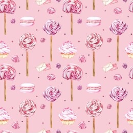 watercolor image of a seamless pattern of sweets, candies in the shape of hearts, chocolates, cakes and envelope, valentine's day. perfect for cards, prints, invitations, birthday cards.
