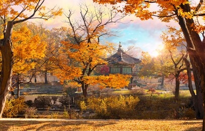 gyeongbokgung palace, hyangwonjeong pavilion, in autumn seoul,south korea.
