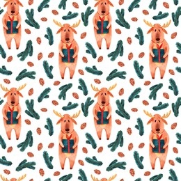 watercolor seamless pattern with lovely christmas deer, blue-green spruce branches and fir cones. perfect for wrapping paper, festive winter design, background or wallpaper.