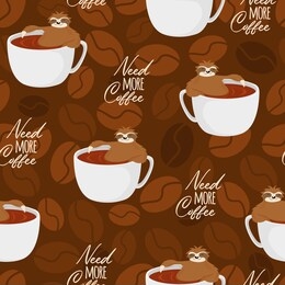 cute sloths bear relaxing in coffee cup on dark chocolate background with coffee bean silhouete and text need more coffee. vector seamless pattern in cartoons style. best for wrapping, textile or web
