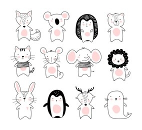 kids doodle poster with cute animals. a collection of animals in a modern scandinavian nordic style. black and white line drawing of wild animals and pets. fox, koala, hedgehog, bear, cat, mouse