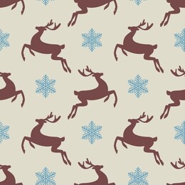 new year and christmas seamless pattern with silhouette of deer and snowflakes. vector background