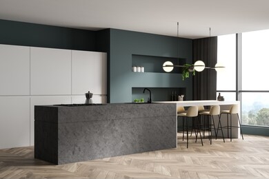 corner of luxury kitchen with green walls, wooden floor, stone island with built in sink and cooker, white cupboards and bar with beige stools. 3d rendering