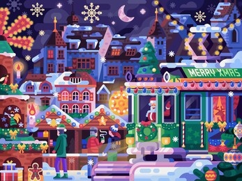 christmas fair in old town winter festival scene. europe christmas market with stalls, lights, santa, xmas tram, mill and medieval castle on background. holiday basel bazaar flat landscape by night.