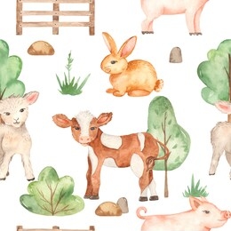 watercolor seamless pattern with cute cartoon farm animals pig, lamb