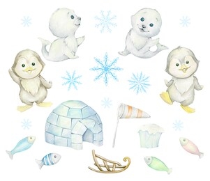 polar animals, baby seal, penguins. ice floe, fish, sleigh, ice house, snowflakes. watercolor set, on isolated background. winter watercolor set, for children's holiday.
