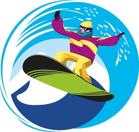 snowboarder on a green snowboard on the background of mountains and sky