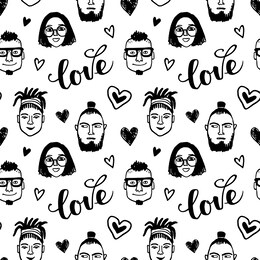 seamless pattern. hipster style portraits and hearts. doodle sketches. hand drawn vector illustration of funny characters. valentine's day background. love text.