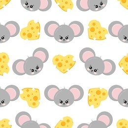 mouse face and cheese shape of heart colorful seamless pattern on white background. cute animal character print. endless texture. sample children cartoon background. vector flat design illustration.