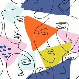modern one line face seamless pattern with abstract background. for fabric, cards, print. bright, rich colors. women's faces.