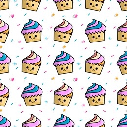 kawaii cupcake pattern for decorative design. colorful cartoon vector illustration. kids holiday decoration. funny cartoon character. candy seamless vector pattern. yummy sweet food. birthday cake.