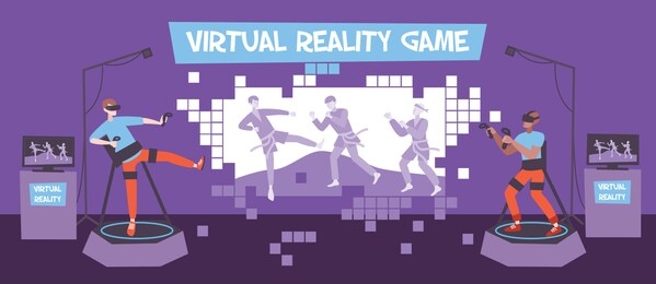 vr game composition with flat indoor scenery and gamers with joysticks on podiums with holographic image vector illustration