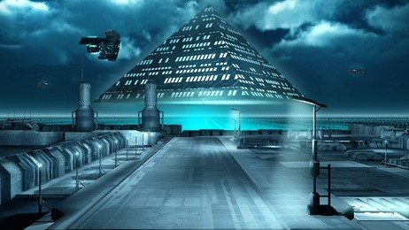 science fiction scenery with a flying pyramid