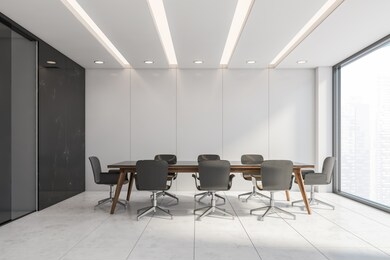 side view of panoramic conference room with white and black marble walls, tiled white floor and long table with gray chairs. concept of discussion and corporate life. 3d rendering