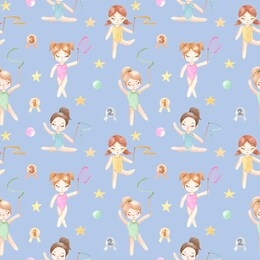 seamless pattern. watercolor gymnast girl. hand painted illustration on blue background. character gymnastic for children's design, kids room, nursery, wallpaper, fabric, baby cloth textile