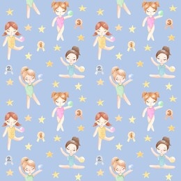 seamless pattern. watercolor gymnast girl. hand painted illustration on blue background. character gymnastic for children's design, kids room, nursery, wallpaper, fabric, baby cloth textile