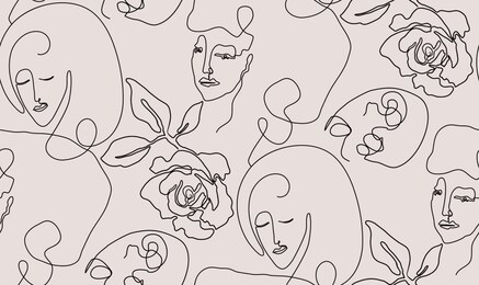 vector seamless pattern with woman face and rose flower drawn in black continuous line,. endless background in trendy modern minimalism abstract style