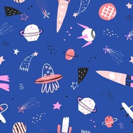 various abstract space elements. childish seamless pattern with rocket, aliens and planets in cosmos. cute vector seamless pattern.