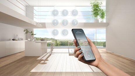 smart home technology interface on phone app, augmented reality, internet of things, interior design of modern kitchen with connected objects, woman hand holding remote control device, 3d illustration