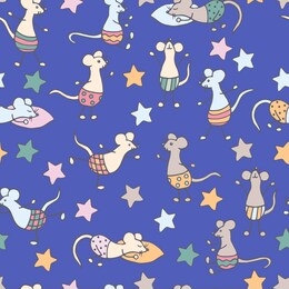 funny hand-drawn doodle mice in shorts, seamless pattern on evening, night blue background, symbol of 2020, for cover design, packaging, textile print