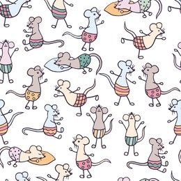 vector seamless pattern with funny hand drawn multicolored doodle mice in panties on white background, symbol of 2020, for the design of covers, packaging, print on textiles