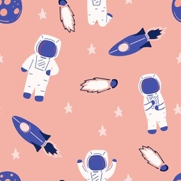 childish seamless pattern with hand drawn space galaxy, moon, astronaut. creative nursery designs for kids room, fabric, wrapping, wallpaper, textile, apparel. vector illustration
