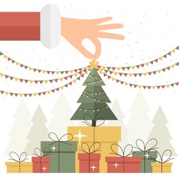 holiday card. big hand of santa decorate christmas tree on big gift boxes. flat cartoon decorations on white background. illustration can be used for holiday design, cards, invitations, banners.