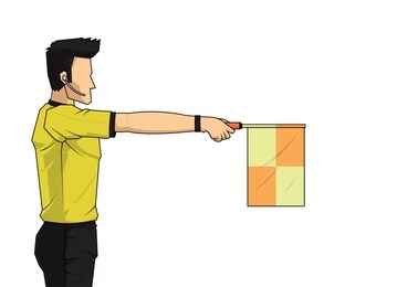 soccer linesman referee wave the flag to point an offside. football cartoon concept vector illustration.