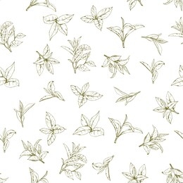 seamless pattern with green tea, hand-drawn leaves and branches of tea