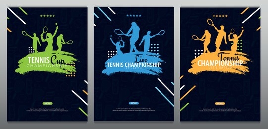 set of tennis championship banners, design with player and racquet on dark background. vector illustration