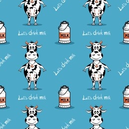 seamless pattern cow cartoon and milk bucket on blue-green background. concept of let's drink milk. illustration flat design.